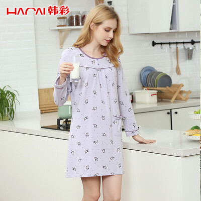 

Han Cai HACAI pajamas women spring&autumn round neck long sleeve cotton ammonia cute female nightdress gray purple 17095