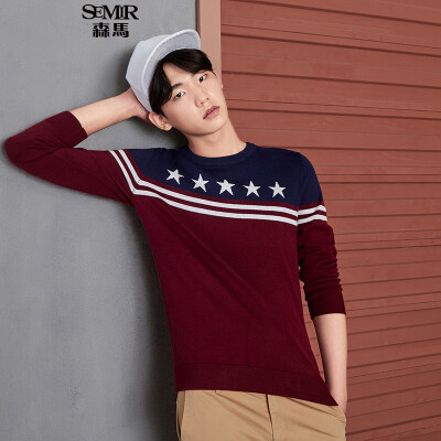 

Semir sweater men's round neck star stripe striking hit sweater Korean version 14316071014 red and blue tone XXL