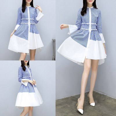 

2017 Fashion Shirt Dress New Women Korean Slim Irregular Striped Shirt Skirt Fresh Goddess Temperament Skirt