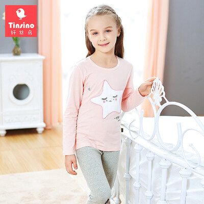 

(TINSINO) children's underwear suit girls in the long child long-sleeved home service pajamas baby long-sleeved Lycra cotton Qiu Qiu shy star light powder 150