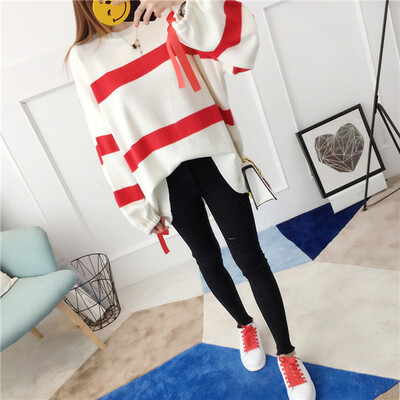

Autumn and winter sweater female students wild loose collar collar with striped knit shirt