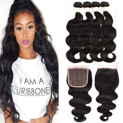 

MORICHY 7A Brazilian Body Wave 4 Bundles with 4×4 Lace Closure 100 Unprocessed Virgin Human Hair Weave Extensions Natural Color