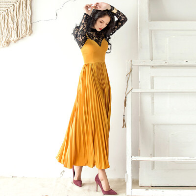 

Weijia 2017 autumn harness dress new high waist Slim sleeveless A word pleated retro pure color long skirt