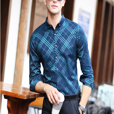 

2017 autumn new shirt men's lattice fight color long-sleeved middle-aged men shirt light luxury business casual men's clothing