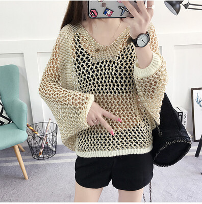 

2017 Spring and Autumn Sweater Hollow v Collar Summer Sweatshirt Female Hooded Thin Loose Bats Missing Sweater