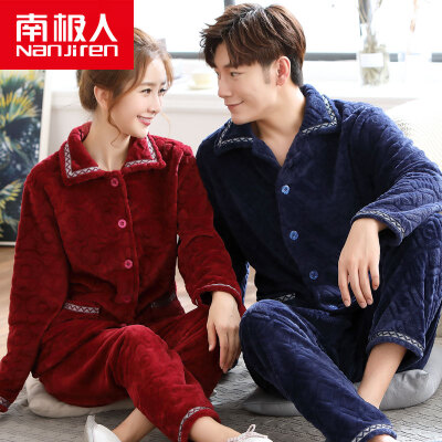 

Antarctic pajamas home service flannel long-sleeved couples pajamas men and women sports can be worn outside the autumn and winter solid color coral cashmere set 1031 male navy