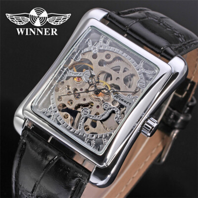 

Winner 2017 Retro Casual Series Rectangle Dial Design Golden Hollow Skeleton Watch Men Luxury Mechanical Watch