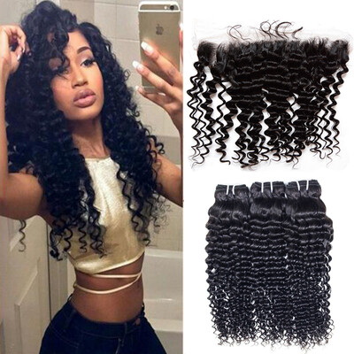 

Malaysian virgin human hair 3 bundles with frontal Deep wave hair weaves with frontal