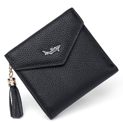 

Shark VISHARK ladies wallet short leather tassel wallet multi-card three-fold wallet DS60250611 black