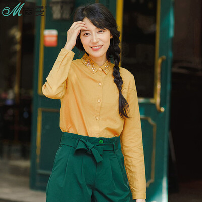 

Yan Man (INMAN) 2017 autumn linen cotton embroidered lapel long sleeve art shirt female 1873011138 mud yellow XL