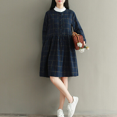 

City plus CITYPLUS 2017 autumn&winter new women&39s art wild grid lattice collar long paragraph dress CWQZ178463 dark blue L