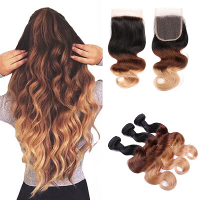 

8A Ombre Peruvian Body Wave With Lace Closure 1b427 Virgin Human Hair 3 Bundles With 44 Closure Ombre Hair