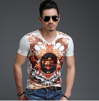 

SHUYI Men s Bronzing V - Neck Short - Sleeved t - Shirt Summer Thin Section Men s Cotton Short - Sleeved Domineering Print