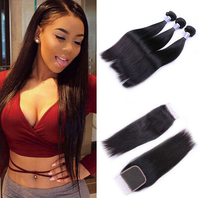 

Indian Virgin Hair With Closure Straight Human Hair Weave Bundles With Closure Unprocessed Indian Hair Extensions