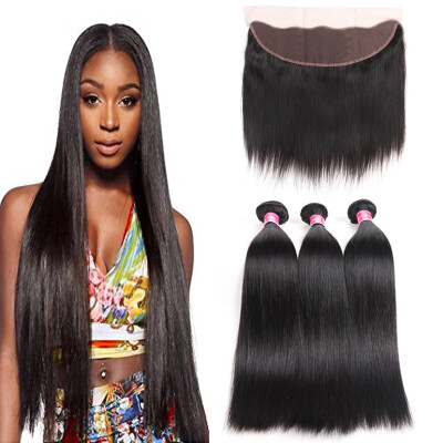 

Fine Plus Malaysian Straight Hair 3 Bundles with Lace Frontal 100% Unprocessed Virigin Human Hair with Lace Frontal Closure