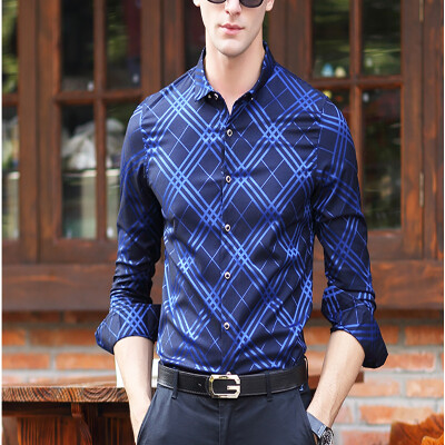 

2017 autumn new shirt men's lattice fight color long-sleeved middle-aged men shirt light luxury business casual men's clothing