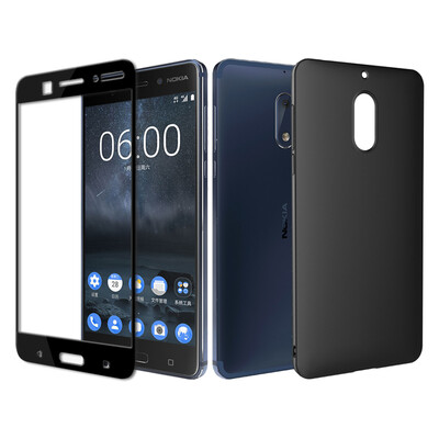 

Shell film set ESCASE Nokia 6 mobile phone shell to send full screen black tempered film Nokia 6 mobile phone sets full matte drop series soft shell elegant black