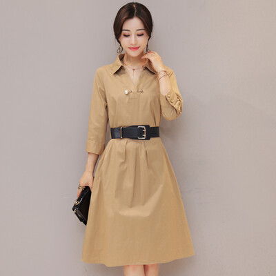 

A morning 2017 autumn new women waist lapel seven sleeves in the long paragraph dress with brooch S73R0016LA81XL khaki