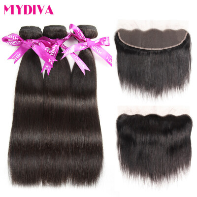 

Mydiva Ear To Ear Lace Frontal Closure With 3 Bundles Brazilian Straight Human Hair With Closures 4 Pcslot Remy Hair Weave