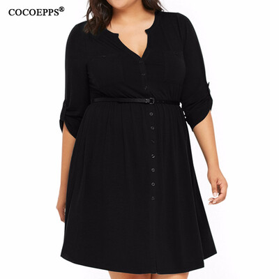 

COCOEPPS 2017 Autumn Women Dresses big size Solid Deep V-Neck Button Lady Dresses plus size casual Dress Work Wear Robes L-6XL