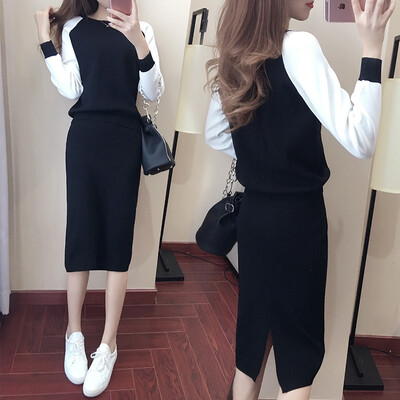 

sustory Women's 2017 autumn and winter knitted sweater dress Korean version of the temperament two-piece ladies package hip suit skirt SRSU111 black L