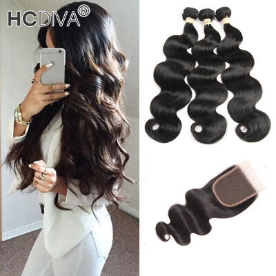 

HCDIVA Peruvian Virgin Hair 3 Bundles Body Wave with Closure Bouncy Human Hair Extensions 1B Color Bundles with Lace 4x4 Closure