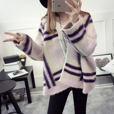 

2017 Fall new women's coat stripes loose bat sleeves sweater sweater