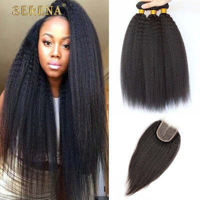 

Malaysian Kinky Straight Hair 3 Bundle With Closure Virgin Hair 100 Unprocessed Human Hair Italian Coarse Yaki With 4X4 Free Clos