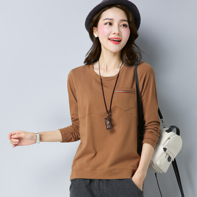

Markentsee 2017 new women&39s autumn pocket round neck solid color stitching long-sleeved Slim fashion simple chiffon shirt yzLYSX7336 army green XL