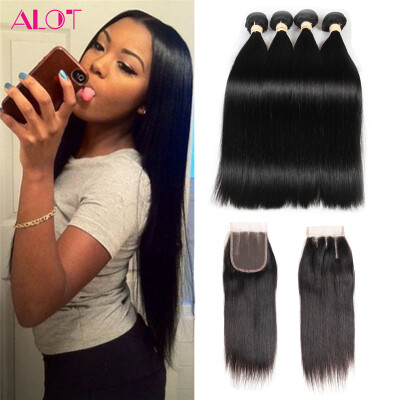 

4 Bundle Straight Hair with Lace Closure With Baby Hair Natural black Soft&Full Good Quality Alot Human Brazilian Virgin Hair