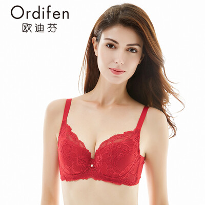 

Ou Difen ladies bra gathered big breast bra sexy embroidery 34 cover thin section underwear XB6362 China Red 85B