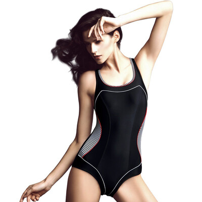 

Van der Ang balneaire black conjoined swimsuit female triangle small chest gather cover belly self professional sports sports swimwear lady large size 60387 black L