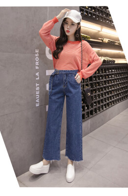 

2017 new female students high waist was thin wide leg pants loose straight nine cents jeans