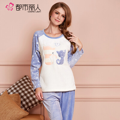 

City Ladies Women Pajamas Flannel Warmer Comfortable Cloak Pants Two-piece Coral Velvet Home Set 2H6206 Pink
