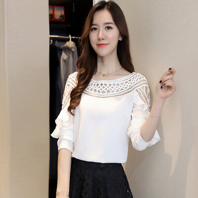 

Fort Sheng 2017 new women's autumn small shirt hollow hollow leafy chiffon top long-sleeved lace chiffon shirt solid color Han Fan zx1782816 black S