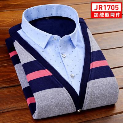 

Business Gentleman Men Long Sleeve Shirt Winter Stitching Color Silm Fit Fake Two Pieces High Quality Keep Warm