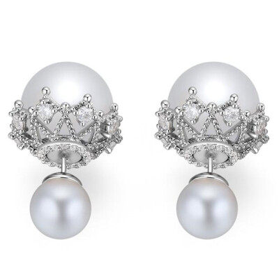 

White Imitation Pearl Stud Earrings For Women Silver Color Cubic Zirconia Earrings Jewelry Wedding Elegant Gift +25558