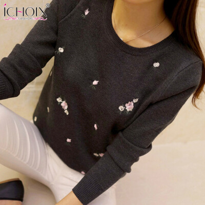 

COCOEPPS 2017 Women Autumn Winter Sweaters Ladies Fashion Floral Embroidery Pullover High Elastic Tricot Jumper Femme Soild Tops