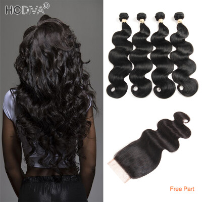 

HCDIVA 4 Bundles with Closure Body Wave Brazilian Hair Weaves Bundles with Closure Free Part Natural Black No Tangle Free Shipping