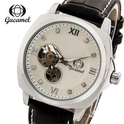 

GUCAMEL Famous Brand Men Business Automatic Self Wind Watches Transparent Case Black Leather Band Mechanical Watches