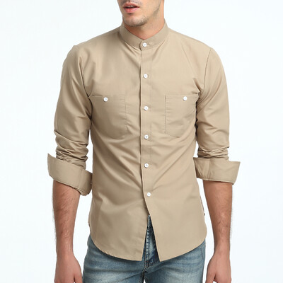 

Fashion Male Shirt Long-Sleeves Tops British Stand Collar Young Solid Color Shirt Mens Dress Shirts Slim Men Shirt