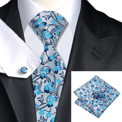 

N-0999 Vogue Men Silk Tie Set Gray Floral Necktie Handkerchief Cufflinks Set Ties For Men Formal Wedding Business wholesale