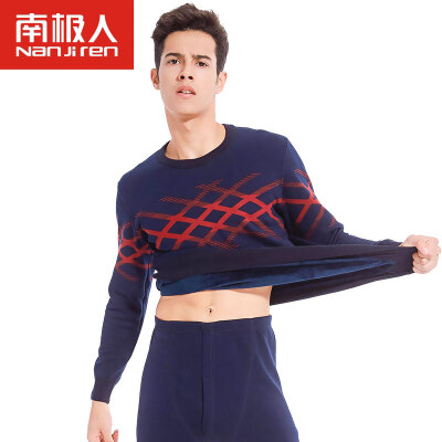 

Antarctic thermal underwear men&39s round neck prints plus velvet thickening underwear Slim winter youth fashion autumn clothes autumn pants suit male gray red stripes L