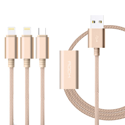 

Locks ROCK Apple Andrews triple data cable one drag three mobile phone charging cable for iPhoneX 8 7p 6s 5 millet Huawei Samsung 12 meters champagne gold