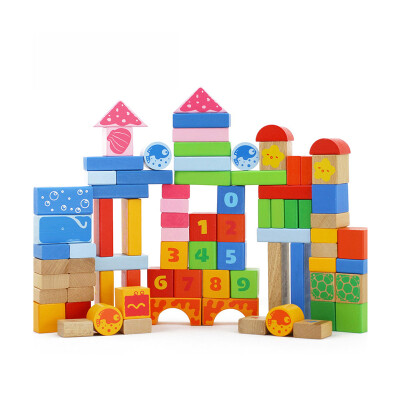 

Wood play family wooden blocks spell inserted toys 80 pieces of marine blocks barrel EB008