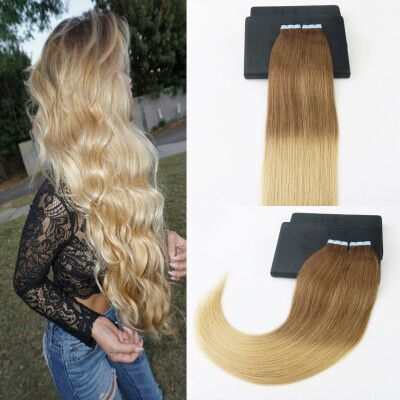 

14-24" 20Pcs 50G Per Package Brazilian Remy Hair 2PcsLot Ombre Color Full Set Skin Weft Hair Extensions Free Shipping