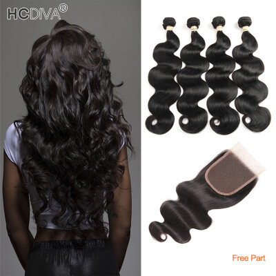 

HCDIVA Body Wave 3 Bundles with Lace Closure Free Part Brazilian Virgin Human Hair with Closure Natural Black Free Shipping