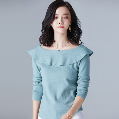 

2017 autumn new fashion lotus leaf lotus leaf lace strapless solid color sweater sweater