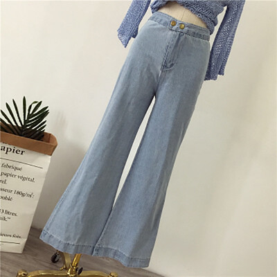 

Women's new was thin cowboy trumpet pants retro pure color high waist leisure wide leg pants