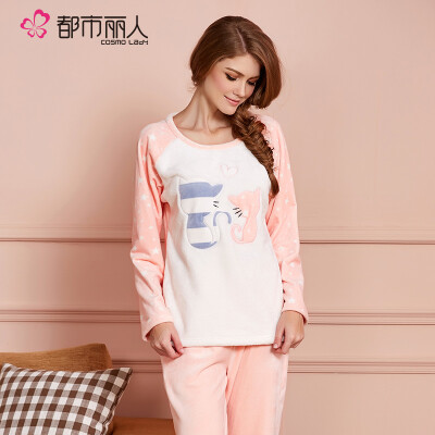 

City Ladies Women Pajamas Flannel Warmer Comfortable Cloak Pants Two-piece Coral Velvet Home Set 2H6206 Pink XL